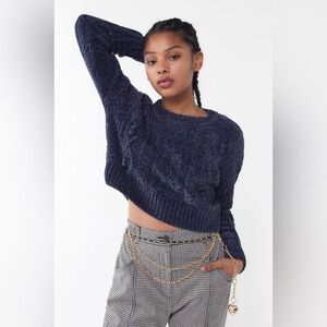Urban Outfitters Dazzling Cable-Knit Cropped Chenille Velvet Sweater Dark Blue